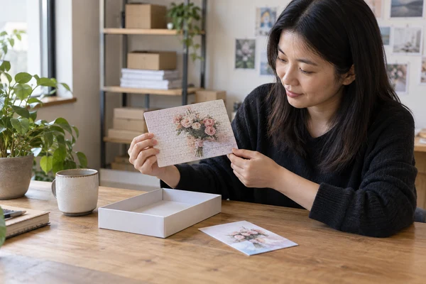 Asian adult designer checking a compact message puzzle and plain approval card