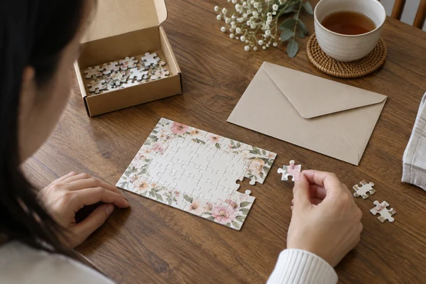 Small floral-design cardboard message puzzle with blank text area and plain envelope