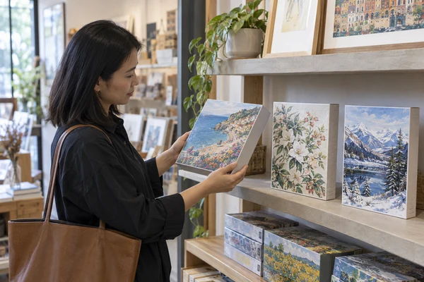 Asian adult gallery-shop buyer reviewing three puzzle boxes on a neutral shelf