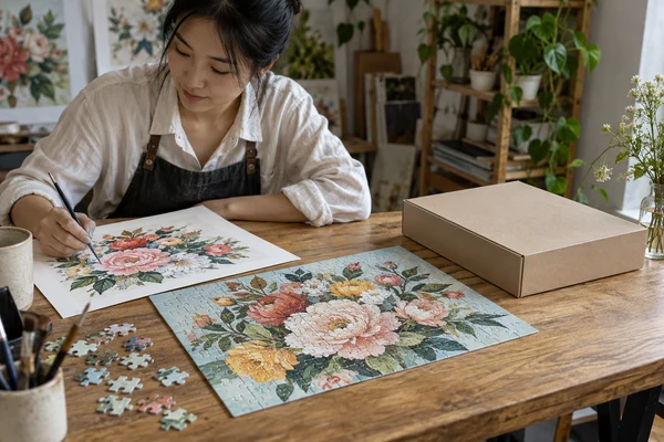 Floral artwork, matching cardboard puzzle and plain retail box on an artist studio table