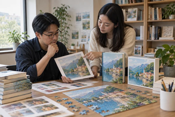 Asian adult publisher and designer comparing book-cover and puzzle-box colour proofs