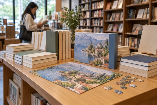 Illustrated puzzle displayed beside plain-cover books on a bookstore table