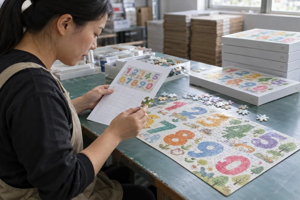 Asian adult educator reviewing number-themed puzzle artwork with a printed checklist