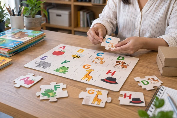 cardboard alphabet-learning jigsaw sample on a teacher preparation table without children