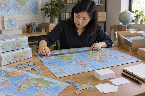 Asian adult education editor reviewing enlarged map-puzzle proofs with a ruler