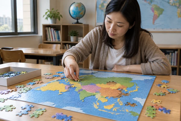 Illustrative regional map puzzle with simple unlabeled land shapes on a classroom table