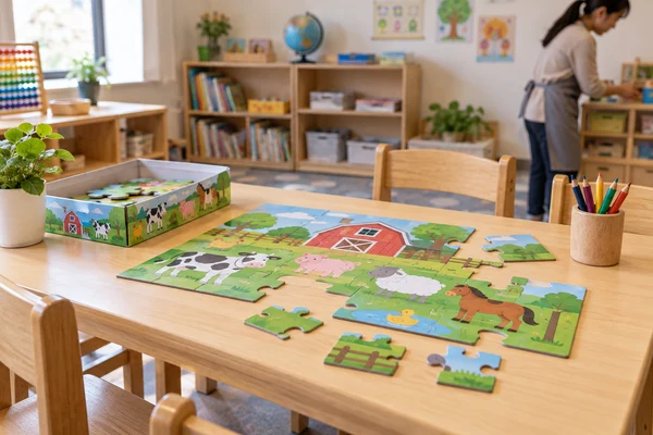 Large-piece farm-scene cardboard puzzle on a low classroom activity table without children