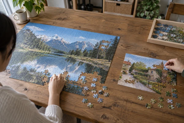 two differently sized landscape puzzles partly assembled side by side