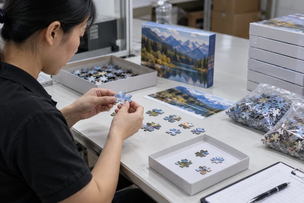 Several selected puzzle units, component bags and reference samples on an inspection bench