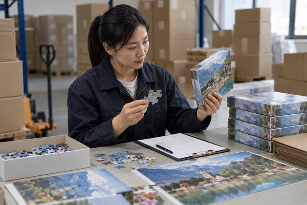 Asian adult inspector comparing selected puzzle boxes and cut samples with a checklist
