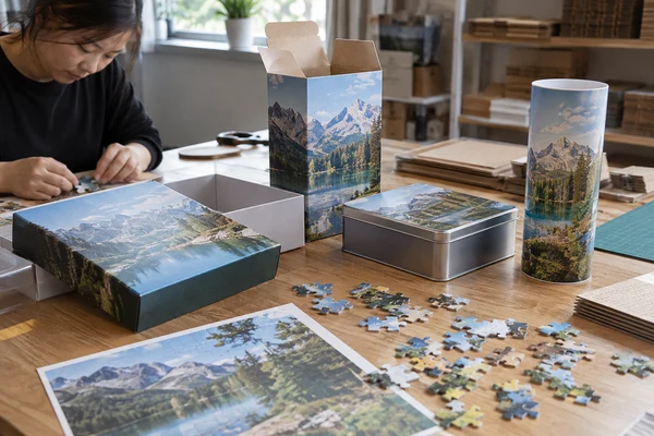 rigid box, tuck carton, tin and tube puzzle packaging prototypes on a table