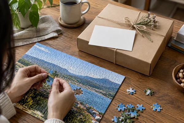 neutral gift-wrapped puzzle box with a blank note card in a home setting