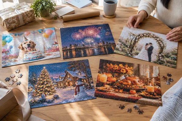 five distinct celebration-theme cardboard puzzle samples on a gift planning table