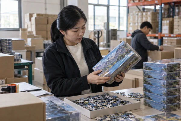 Asian adult logistics coordinator inspecting sealed puzzle cartons at a warehouse table