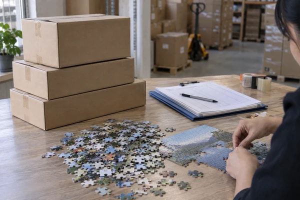 plain puzzle export cartons beside a folder of blank shipping records