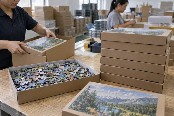 boxed cardboard puzzles staged in an orderly packing area before dispatch