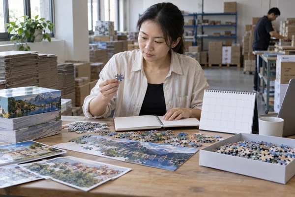 Asian adult production planner reviewing puzzle samples and a blank calendar