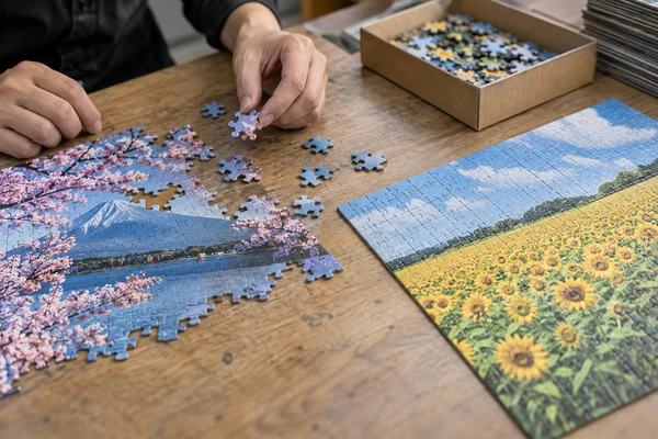 two close-up cardboard puzzle areas showing varied and grid-like cutting patterns