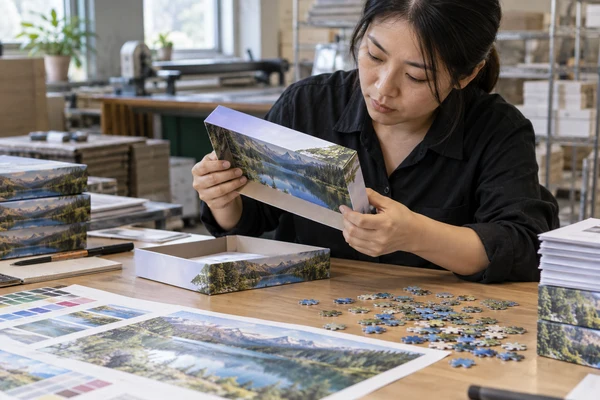 Asian adult packaging designer examining box folds and artwork alignment