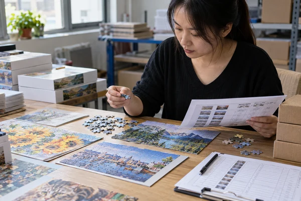 Asian adult buyer reviewing assorted puzzle samples and plain SKU planning sheets