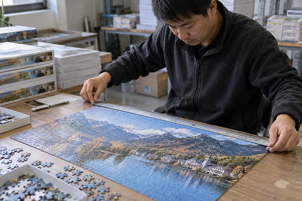 Asian adult measuring completed puzzle dimensions on a flat preparation table