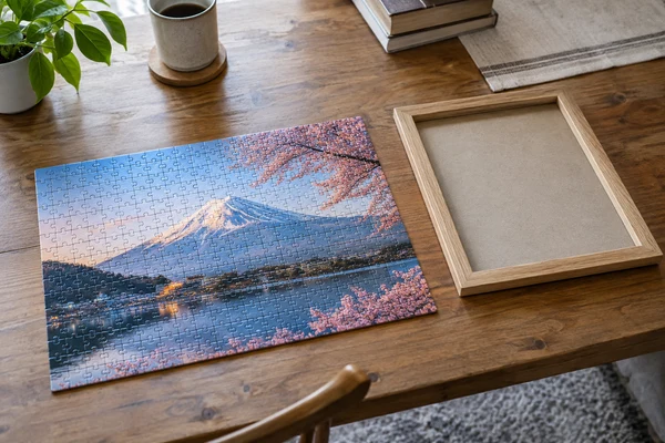 completed art cardboard puzzle resting beside an empty picture frame
