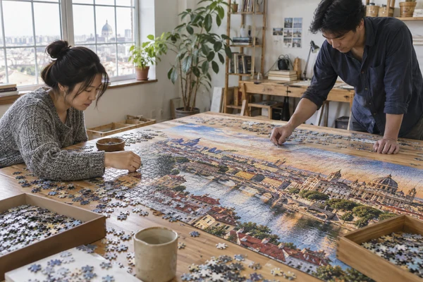 large detailed cityscape cardboard puzzle spread across an ample work table