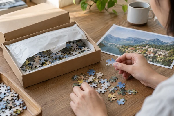 kraft puzzle box with a paper inner pouch and carefully arranged loose pieces