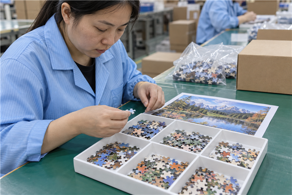 Quality worker checking custom jigsaw puzzle pieces and approved reference image