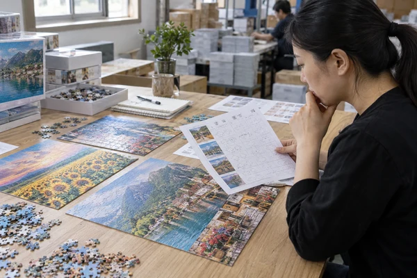 Asian adult planner comparing several puzzle designs with unlabelled allocation sheets