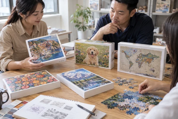 five distinct puzzle box prototypes arranged for a range planning meeting
