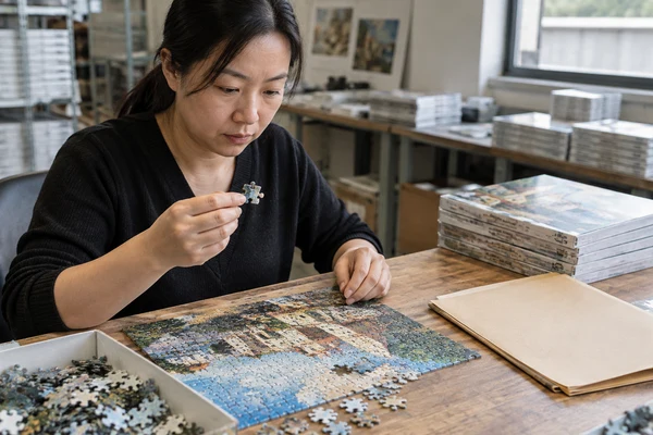Asian adult curator examining an art reproduction puzzle beside a plain approval folder