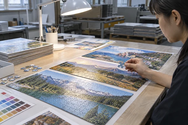 printed branded puzzle swatches compared under a neutral inspection lamp