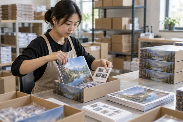 Asian adult packing worker placing reference poster and card into a retail puzzle box
