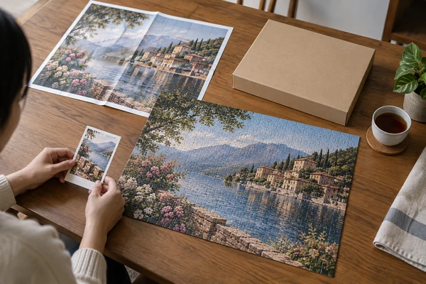 Completed art puzzle with folded reference poster and small story card beside a plain box
