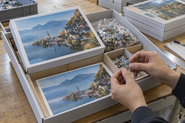 approved puzzle sample, box and inserts arranged in a reference archive tray