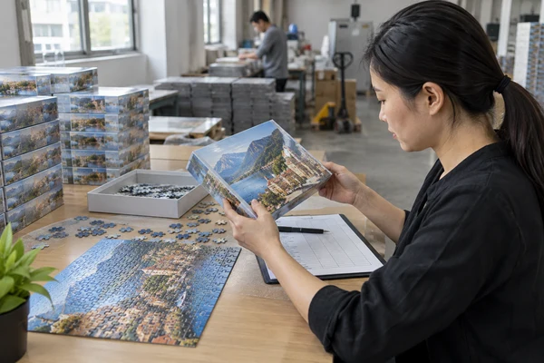 Asian adult buyer examining boxed puzzle sample with a plain checklist