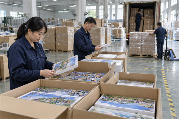 Shipment inspection of custom puzzle cartons before export