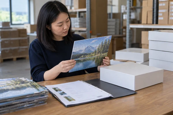 Asian adult buyer comparing a retained puzzle sample with a new production box