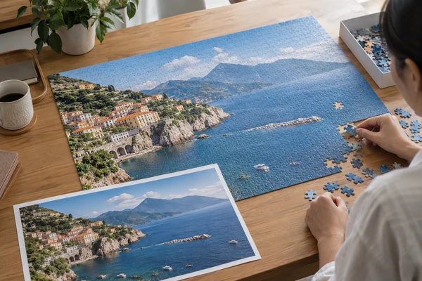 large coastal photograph puzzle and matching small printed proof on a desk