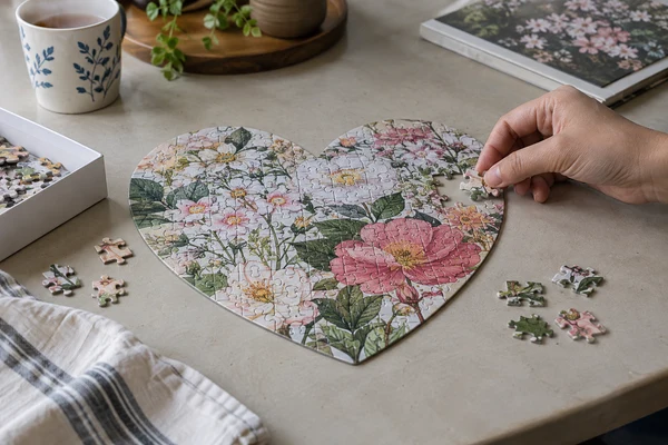 heart-shaped floral cardboard jigsaw puzzle on a neutral tabletop