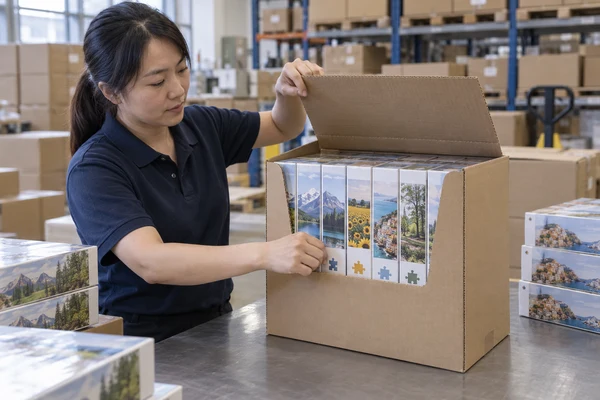 Asian adult warehouse worker opening a shelf-ready carton of upright puzzle boxes
