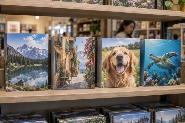 Four unbranded puzzle boxes arranged upright on a specialty retail shelf