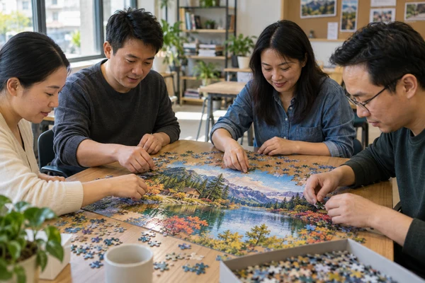 Asian adults assembling a colorful nature puzzle together in a community room