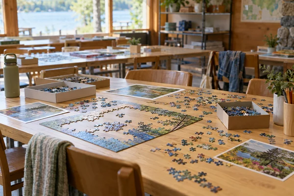 puzzle activity kits arranged on empty summer-camp tables