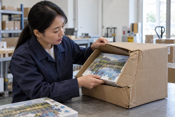 Asian adult technician examining a dented carton corner and the puzzle box inside