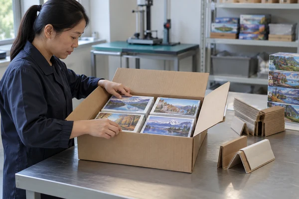 Packed puzzle shipping carton and corner-protection samples on a laboratory bench