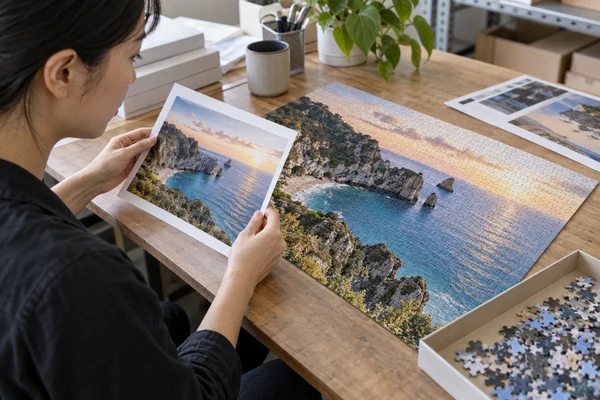 Asian adult photo editor comparing a coastal puzzle print and original photo proof
