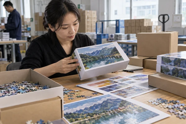 Asian adult purchasing manager reviewing puzzle packaging customization options