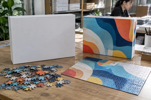 plain white puzzle box and branded abstract-design prototype beside one another